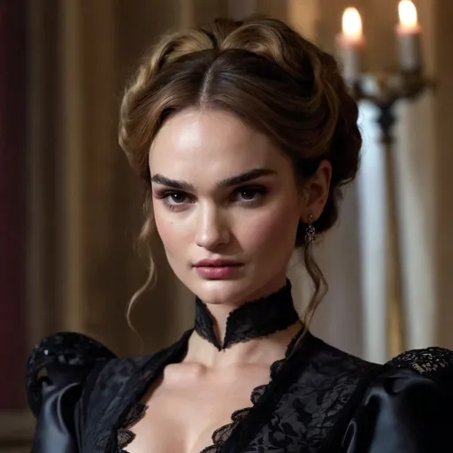 Prompt: Lily james as a  evil mistress 
