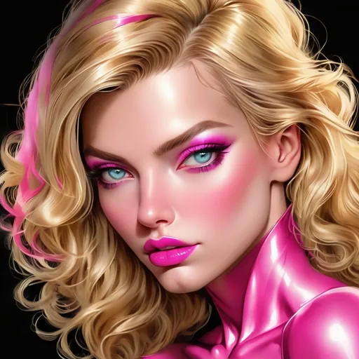 Prompt: Hypnotic, mesmerizing blonde with pink accents, glamorous comic book character, ultra-realistic digital painting, vibrant pink and gold tones, alluring and captivating stare, sultry lips, intricate comic book costume, high-definition, detailed hair, realistic comic book, glamorous, hypnotic gaze, vibrant colors, high-quality rendering, detailed features, professional digital art, captivating lighting