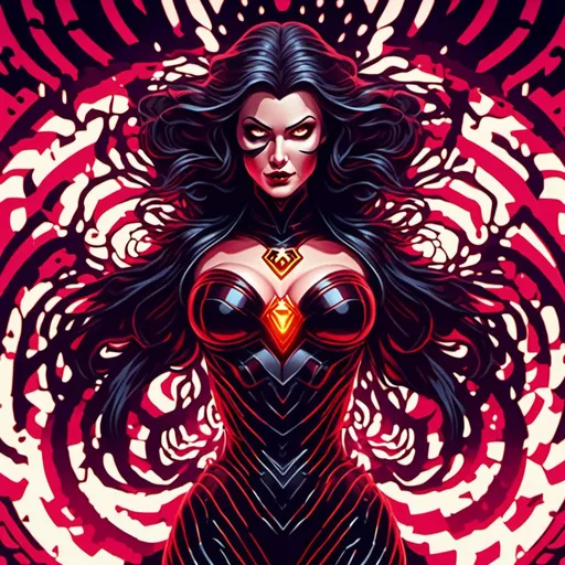 Prompt: Hypnotic supervillainess, <mymodel>digital illustration, swirling hypnotic patterns, dramatic lighting, intense gaze, dark and mysterious, high quality, digital art, villainous, hypnotic, dramatic lighting, mesmerizing, sinister, powerful, compelling