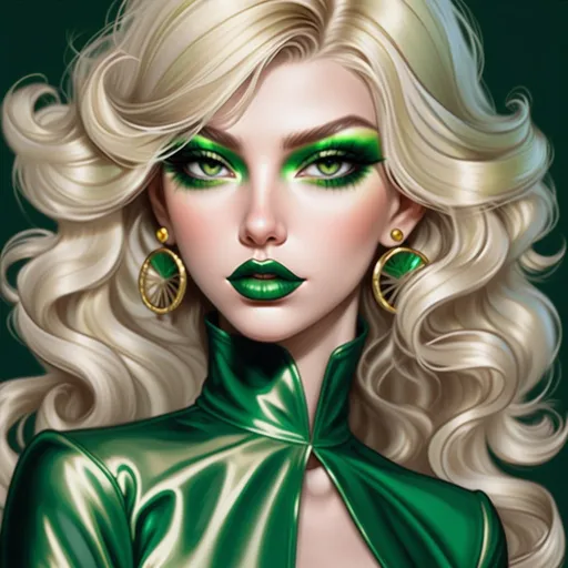 Prompt: Hypnotic bimbo  platinum  blonde   gold lips and green eyeshadow 