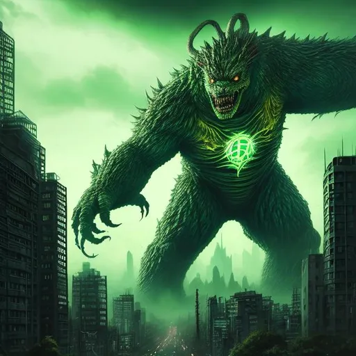 Prompt: Mutant giant  kaiju, textured digital art, towering over city, sharp claws and teeth, radioactive green tones, dynamic lighting and shadows, high quality, detailed texture, monstrous, kaiju,  , city destruction, digital art, textured, radioactive green, menacing, dynamic lighting