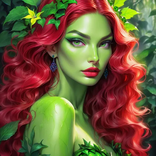 Prompt:  Lily Aldridge  portrait, poison ivy, digital painting, dramatic colourful makeup, high fashion, intense gaze, realistic portrayal, vibrant colors, detailed features, highres, professional, dramatic, realistic, digital painting, intense gaze, vibrant colors, detailed features, high fashion, glamorous lighting, green skin , green makeup 