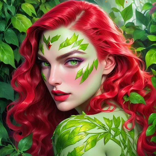 Prompt:  Gal Gadot  portrait, poison ivy, digital painting, dramatic colourful makeup, high fashion, intense gaze, realistic portrayal, vibrant colors, detailed features, highres, professional, dramatic, realistic, digital painting, intense gaze, vibrant colors, detailed features, high fashion, glamorous lighting, green skin , green makeup 