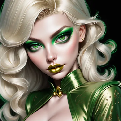 Prompt: Hypnotic bimbo  platinum  blonde   gold lips and green eyeshadow 