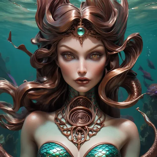 Prompt: Hypnotic evil bronze  mermaid 