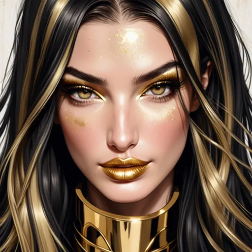 Prompt: Lilly Aldridge   straight long hair  gold lips and   gold  eyeshadow   