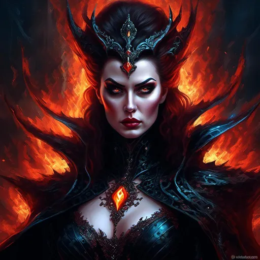 Prompt: Supervillainess,<mymodel> digital painting, elaborate costume, menacing expression, high quality, detailed, dark fantasy, dramatic lighting, regal and powerful, vibrant colors, fantasy, digital art, evil queen, powerful aura, sinister, intense gaze, gothic style, flowing cape, mysterious background, intricate details, magical effects