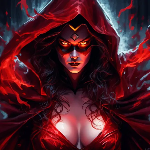 Prompt: Supervillainess,<mymodel> digital art, sinister grin, flowing dark cloak, glowing eyes, high contrast, comic book style, dramatic lighting, intense red and black tones, best quality, detailed, dramatic, digital art, sinister, glowing eyes, flowing cloak, high contrast, intense colors, comic book style