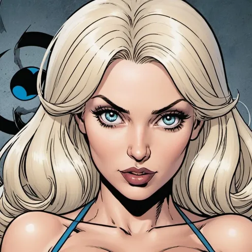 Prompt: Hypnotic bimbo platinum blonde in DC comics 