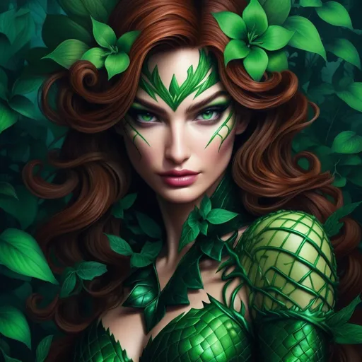 Prompt: Hypnotic Close up portrait Lilly Aldridge as poison  ivy      