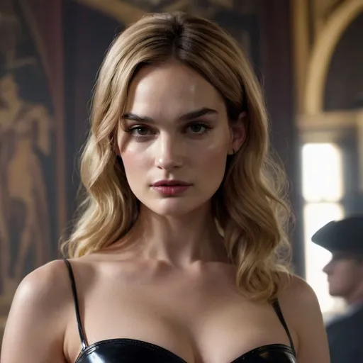 Prompt: Lily james as a  Supervillainess in latex