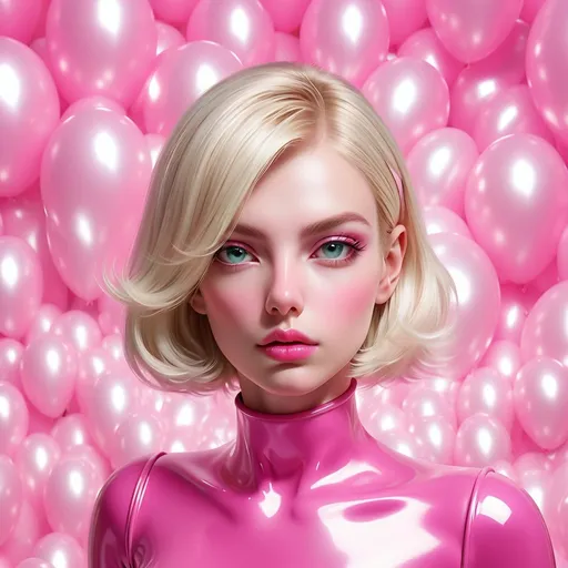Prompt: Platinum blonde bimbo in pink latex, hypnotic, beautiful, highres, detailed, hyperrealistic, surreal, latex, glossy, vibrant pink, hypnotic gaze, glossy lips, ethereal lighting, surreal background, real model