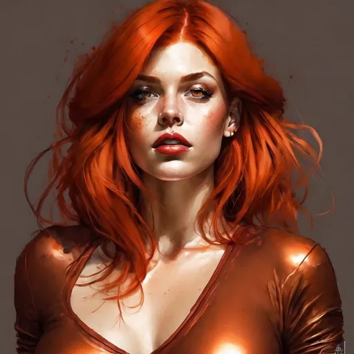 Prompt: Red hair , bronze lips and copper eyeshadow , female
