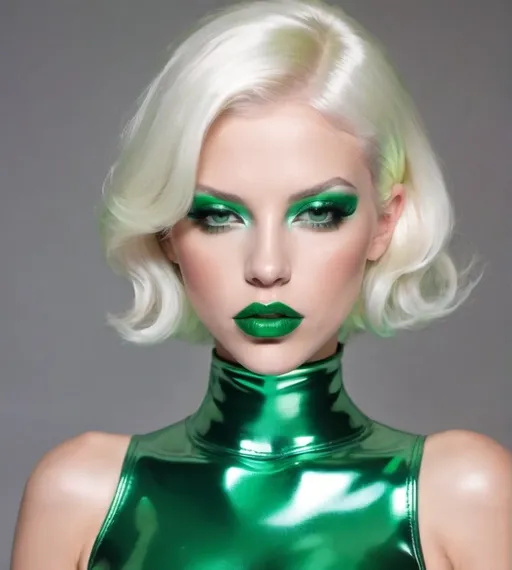 Prompt: Platinum blonde bimbo in metallic  green latex metallic  green lips 