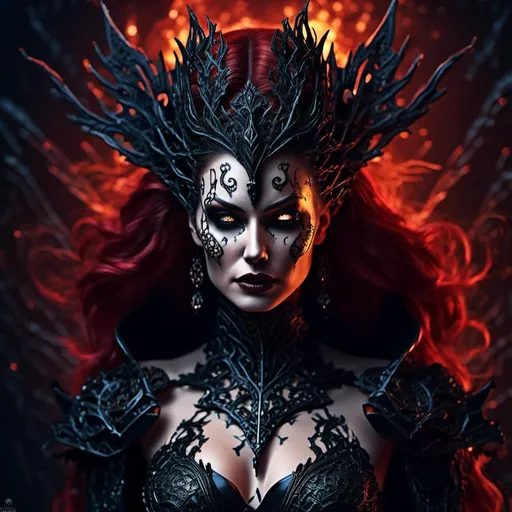 Prompt: <mymodel>Supervillainess, digital illustration, dark and ominous atmosphere, detailed costume with intricate patterns, glowing eyes, sinister expression, high quality, digital art, dark tones, dramatic lighting