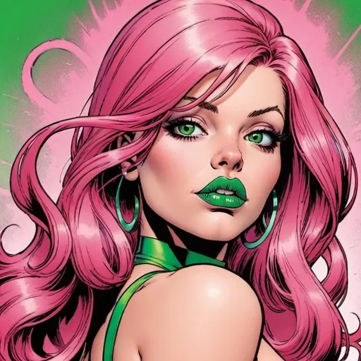 Prompt: Hypnotic     bimbo pink  hair  in marvel  comics   green lips 