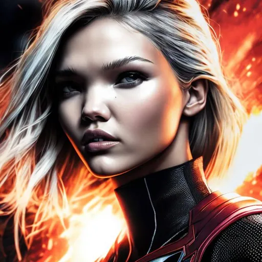 Prompt: Sasha Luss in Marvel Comics, digital illustration, detailed facial features, high quality, comic book style, vibrant colors, dynamic action pose, superhero costume, intense lighting and shadows, professional art, realistic comic rendering, powerful and confident expression, sleek design, professional, vibrant colors, dynamic action, highres, comic book, detailed facial features, intense lighting, superhero costume, professional art, realistic rendering