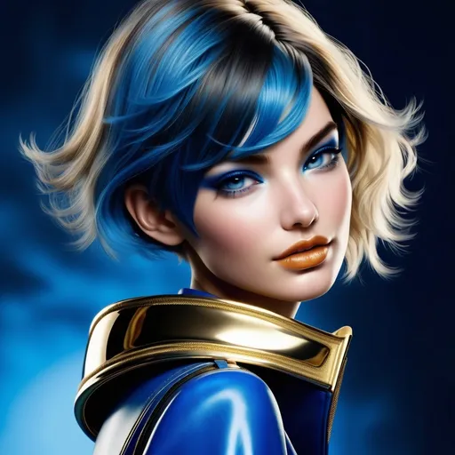 Prompt: Lilly Aldridge    gold lips and   blue eyeshadow   pixie hair cut