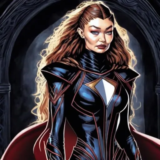 Prompt: Gigi hadid as the goblin  queen marvel comic style 