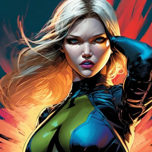Prompt: Sasha Luss in Marvel Comics, digital illustration, detailed facial features, high quality, comic book style, vibrant colors, dynamic action pose, superhero costume, intense lighting and shadows, professional art, realistic comic rendering, powerful and confident expression, sleek design, professional, vibrant colors, dynamic action, highres, comic book, detailed facial features, intense lighting, superhero costume, professional art, realistic rendering