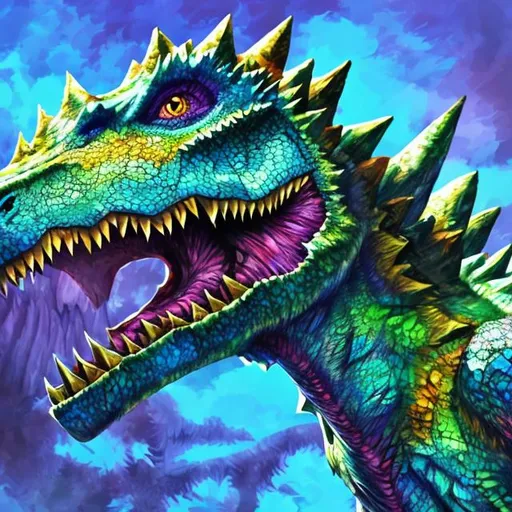 Prompt: Digimon dinosaur hybrid, digital art, detailed scales and feathers, vibrant colors, high quality, anime style, fantasy, magical lighting