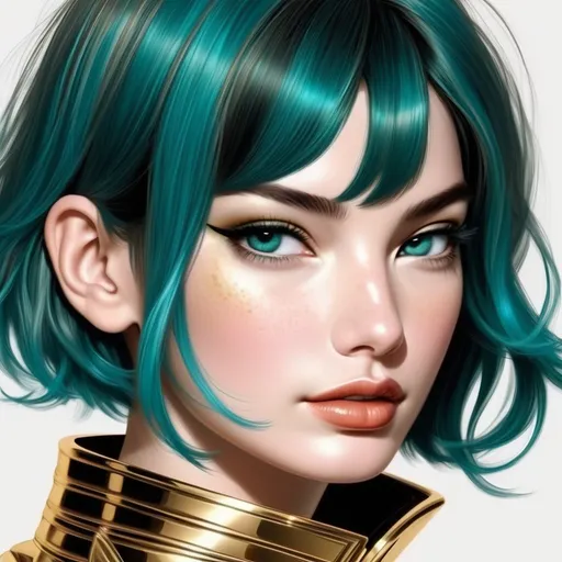Prompt: Lilly Aldridge    gold lips and   teal eyeshadow   pixie hair cut