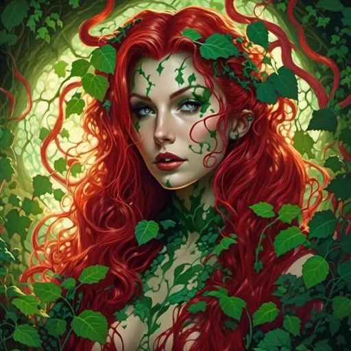 Prompt: <mymodel> Hypnotic       poison ivy  with  plant tentacles  touching her 