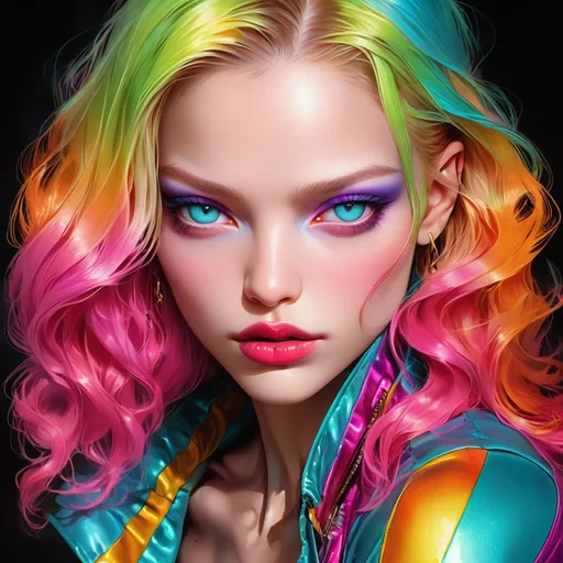 Prompt:  Sasha Luss  portrait,  starfire, digital painting, dramatic colourful makeup, high fashion, intense gaze, realistic portrayal, vibrant colors, detailed features, highres, professional, dramatic, realistic, digital painting, intense gaze, vibrant colors, detailed features, high fashion, glamorous lighting