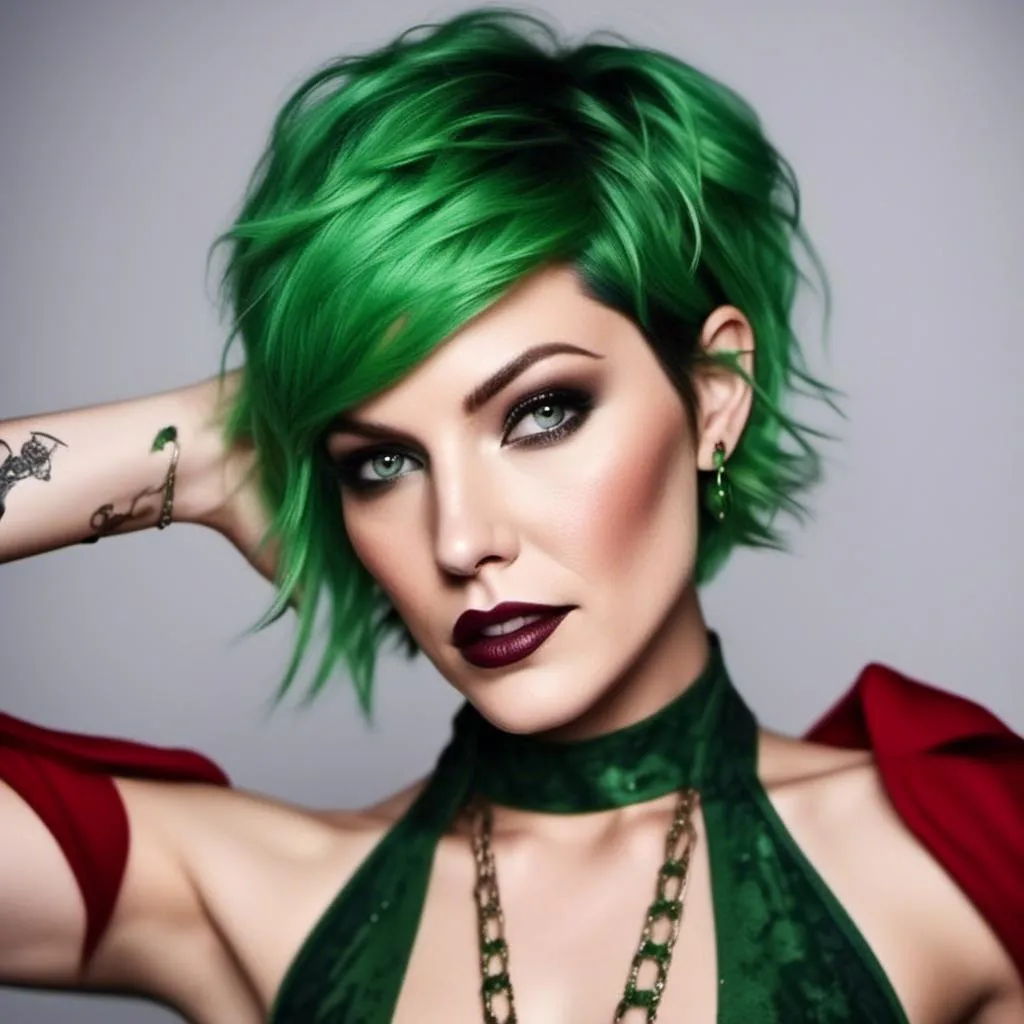 Prompt:  Green  short hair Supervillainess <mymodel>