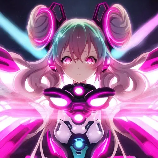 Prompt: Brunette girl resembling Hatsune Miku, wavy hair in two buns, pink eyes, anime, vibrant colors, digital art, highres, detailed, cute, futuristic, dynamic lighting, cool tones, professional