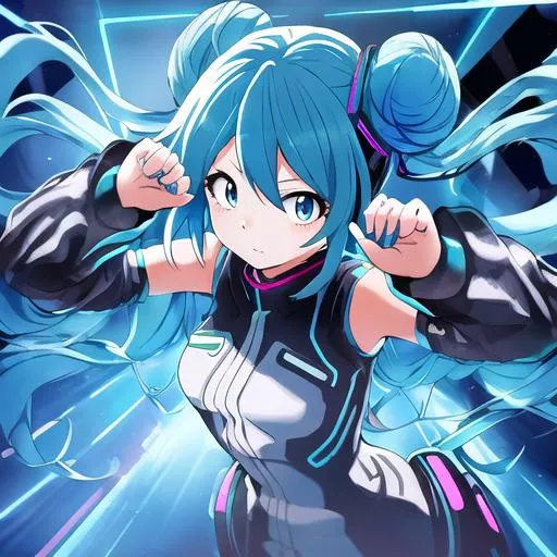 Prompt: Brunette girl resembling Hatsune Miku, wavy hair in two buns,blue eyes, anime, vibrant colors, digital art, highres, detailed, cute, futuristic, dynamic lighting, cool tones, professional,heroic clothes from the anime My Hero Academia