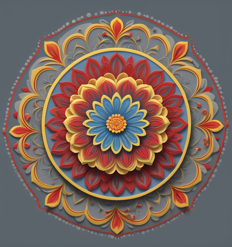 Prompt: a colorful mandala on a gray background with a blue background and a red and yellow flower on the center, Ella Guru, computer art, 3 d model, a silk screen
