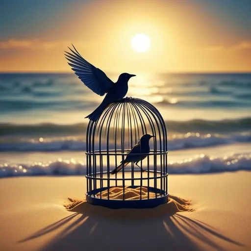 Prompt: I want a beach scene, where there is golden sand, deep blue ocean water, and a bright sun. On the beach, I want 3 birds: 
one flying freely 
one in a cage 
and one with broken wings circling above the ocean.

Also, I want the sun to be starting to be covered by the night.