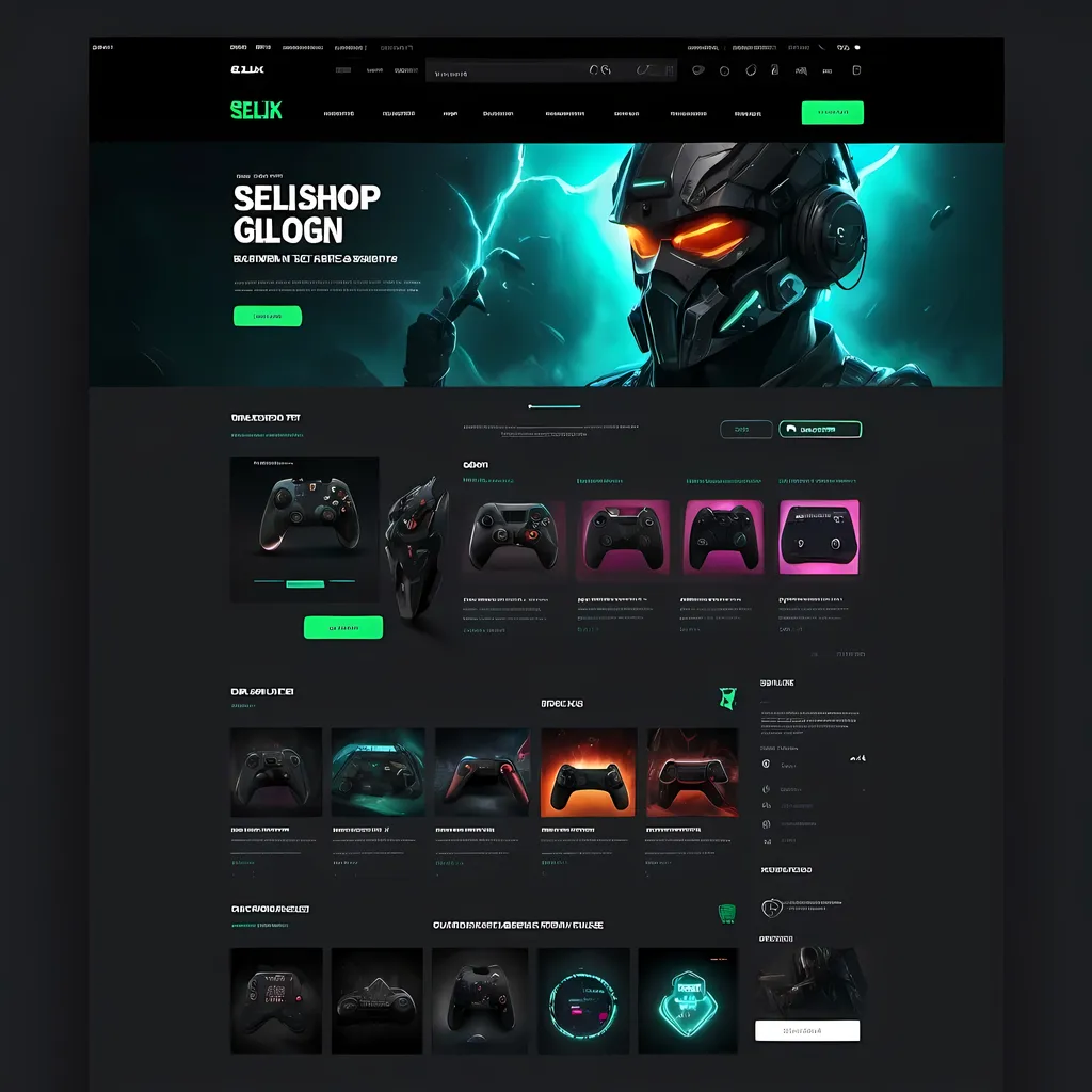 Prompt: high-resolution dark themed sellix webshop template design for digital products related to gaming with som glow added, ux/ui, ux, ui