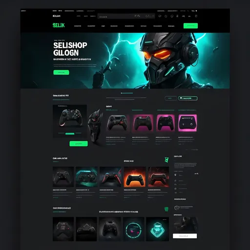 Prompt: high-resolution dark themed sellix webshop template design for digital products related to gaming with som glow added, ux/ui, ux, ui