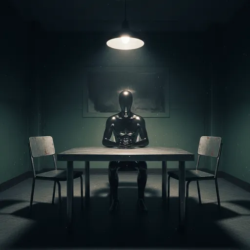 Prompt: A faceless humanoid character, made of a single glossy reflective material, sitting at a metal table in a dimly lit police interrogation room. Harsh overhead light casts dramatic shadows across the walls. The atmosphere is tense, moody, cinematic, documentary style. Wide-angle shot with shallow depth of field, high contrast, realistic textures, film grain, 16:9 ratio.