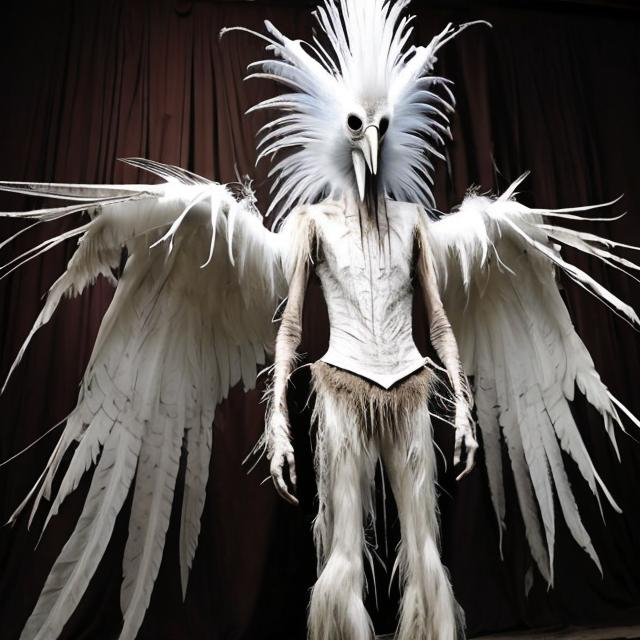 Prompt: a scary looking bird, very tall like 7feet and has a long beek and white feathers, humanoid lookingg, tall by the way, standing next to a human, looks like the bird is from a cult or something or maybe its not a bird rather a costume for the cult


