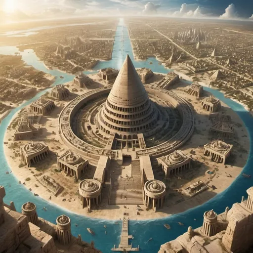 Prompt: Temples and Pyramids in concentric Atlantis city, with citizens and priests among