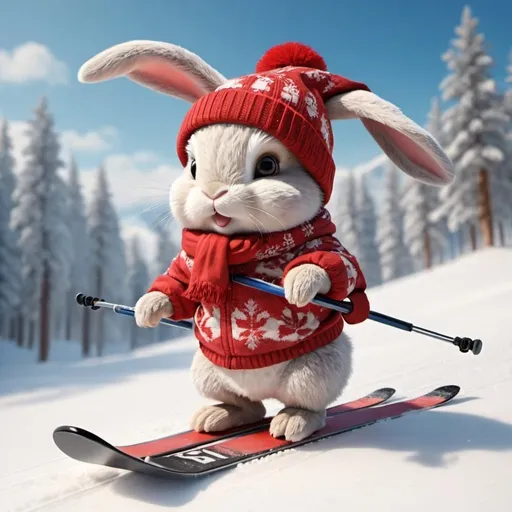 Prompt: cute bunny is skiing . with cute cloth
in red hat 
