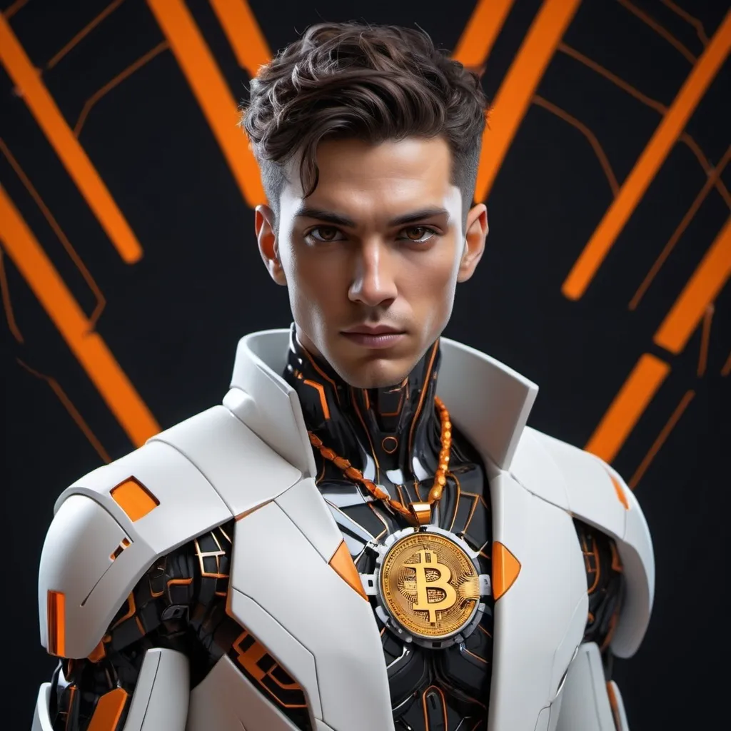 Prompt: Futuristic portrait of a male cyberpunk character with caucasian but tanned skin, brown eyes, dark brown hair, an average body type, and wearing Bitcoin necklace, dressed in a white outfit with black and orange details, set against a contrasting backdrop of abstract shapes and lines suggesting advanced technology or a virtual environment. The character color scheme is predominantly whites, blacks, grays, and touches of orange, but the background is primarily faded orange.