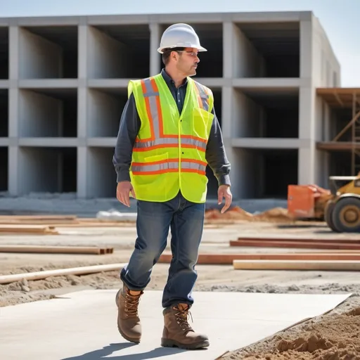Prompt: create a picture of an OSHA inspector walking a job site while wearing a reflective vest hard hat and safety boots