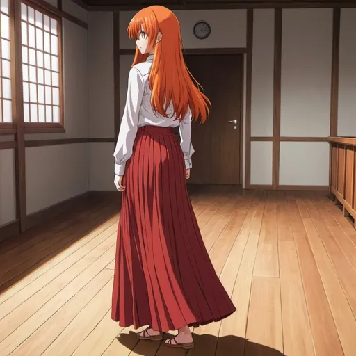 Prompt: The back of a long-straight orange haired anime girl with loose hair. The anime girl is wearing a buttoned shirt and a red pleated floor-length maxi long skirt that is extremely long. The anime girl is standing on a wooden floor. The long pleated skirt is red in color.