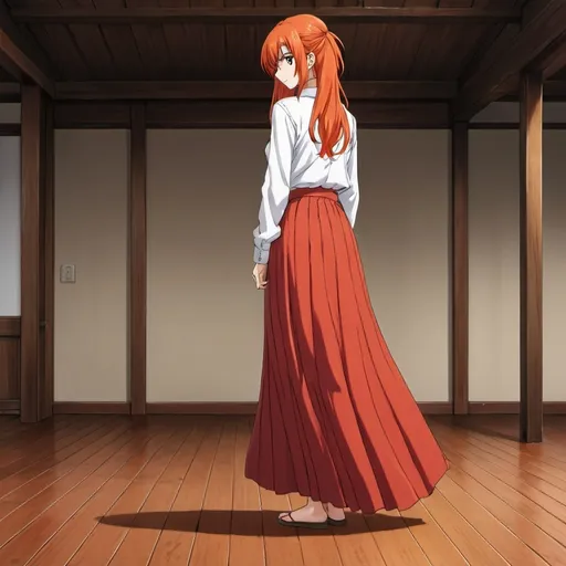 Prompt: The back of a long-straight orange haired anime girl with loose hair. The anime girl is wearing a buttoned shirt and a red pleated floor-length maxi long skirt that is extremely long. The anime girl is standing on a wooden floor. The long pleated skirt is red in color.