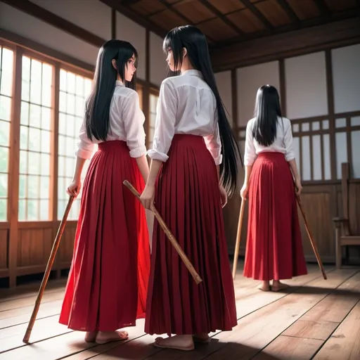 Prompt: The backs of multiple long-straight-black haired anime girls who are wearing white buttoned shirts and maxi long pleated red skirts that are very long. The girls are standing on a wooden floor and are holding long wooden sticks as weapons.