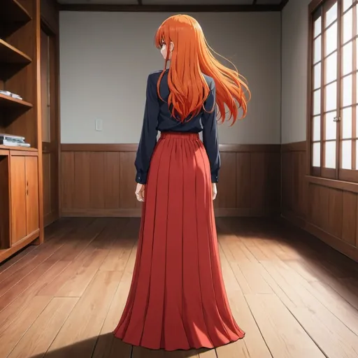 Prompt: The back of a long-straight orange haired anime girl with loose hair. The anime girl is wearing a buttoned shirt and a red pleated floor-length maxi long skirt that is extremely long. The anime girl is standing on a wooden floor. The long pleated skirt is red in color.