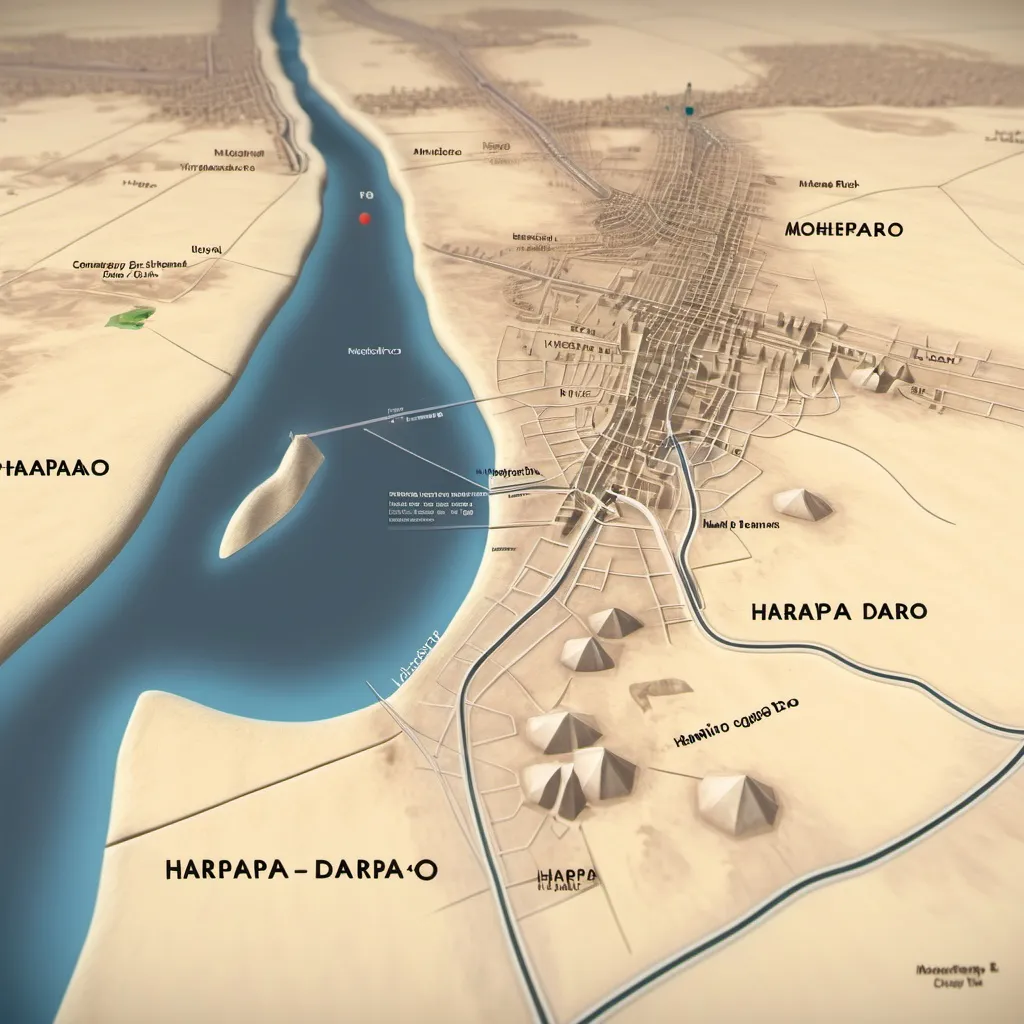 Prompt: A 3D-rendered ancient map showing the location of Harappa and Mohenjo-Daro.
The camera zooms into these cities, revealing their structured layout.
Labels and subtle animations (glowing city names, river flow effects) enhance engagement.