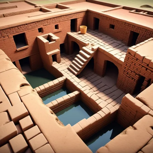 Prompt: A detailed 3D animation of an ancient Indus Valley house with a flush toilet system.
Show an overhead cutaway view of water flowing through underground drains made of baked bricks.
Highlight how wastewater moves from homes to a central drainage system.
