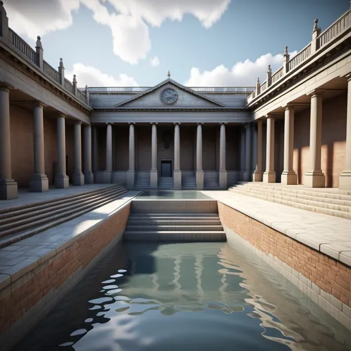 Prompt: A 3D recreation of the Great Bath with steps leading into a large water tank.

Water rippling effect as people enter the bath.

Showcase water-tight brick layering to highlight engineering skills.
