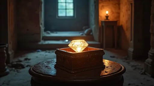 Prompt: A shining glowing precious diamond inside a carved antique box  placed on a antique small table inside a abandoned Hindu temple at night
