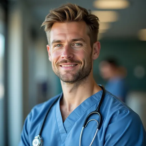 Prompt: A 30-year-old Australian-Canadian heart surgeon with naturally blonde hair dyed black and blue-gray eyes. He has a calm and gentle personality, is kind, friendly, and enjoys classy humor. He is deeply in love with Noura, a first-year trainee in the radiology department at the hospital, and is shy about expressing his feelings.” Making him handsome